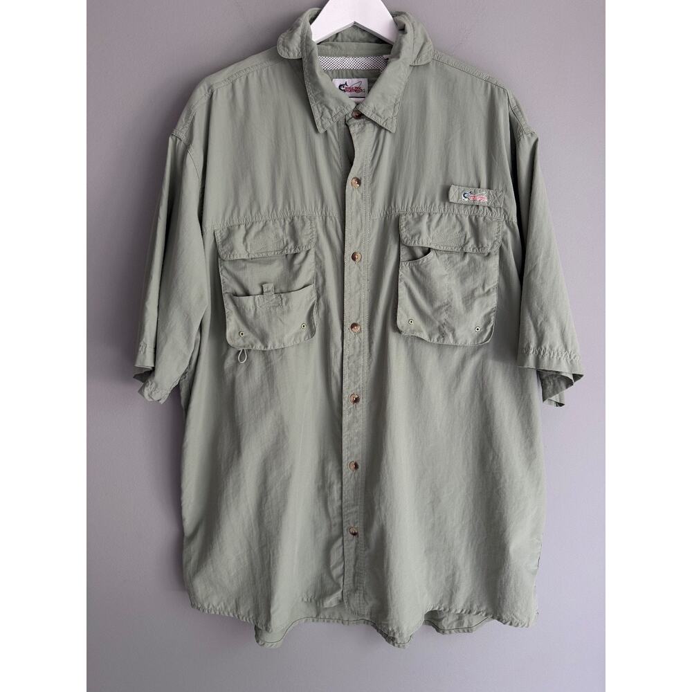World Wide Sportsman Fishing Shirt 2XL Sage Green Nylon Vented Back Cargo Pocket